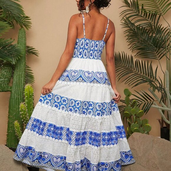 Blue and White Boho Women's Holiday Printed Fabric Splice Embroidered Dress - Picture 2 of 6